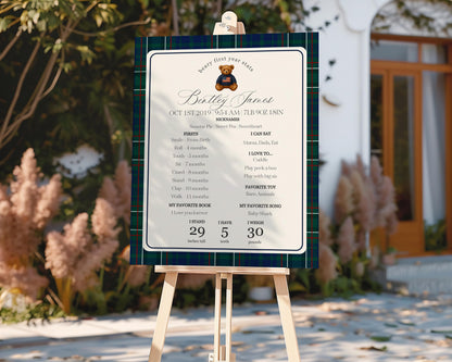 Preppy Bear First Year Milestone Sign Printable Template, Beary First Birthday Decor, Old Money Birthday Party, Tartan Plaid Party WP1079