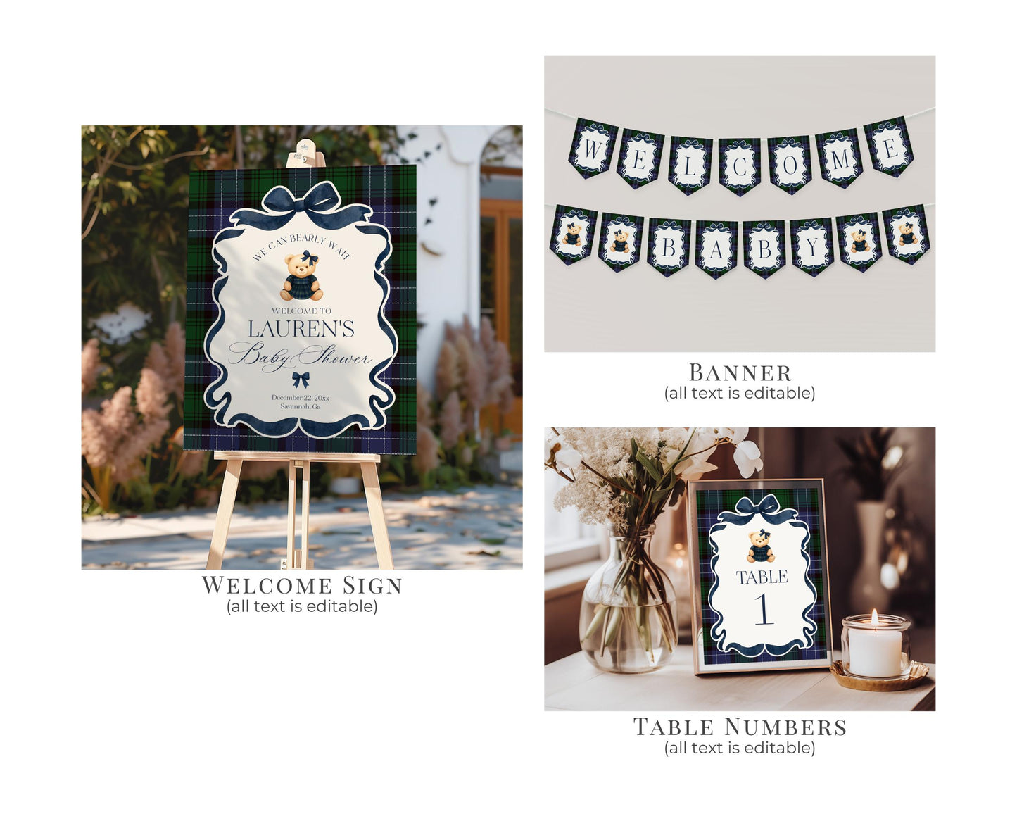 Preppy Bear Girl Baby Shower Bundle Printable Template, We Can Bearly Wait Old Money Baby Sprinkle, Tartan Plaid Coquette Bow Nesting WP1080