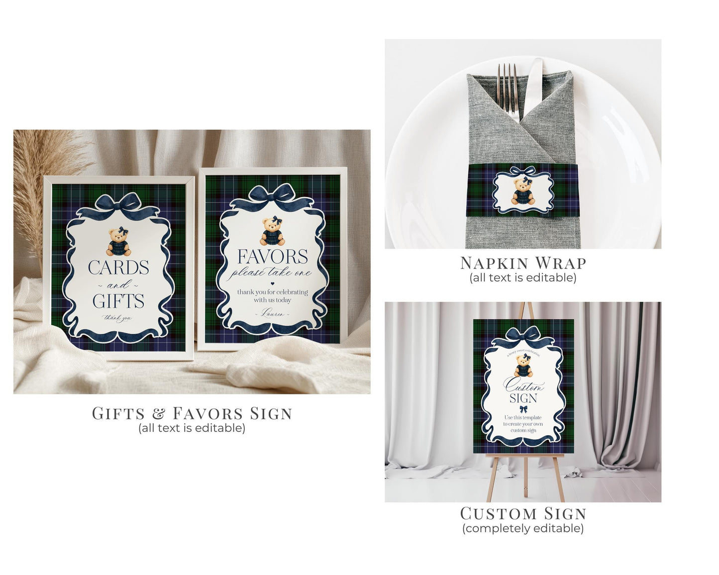 Preppy Bear Girl Baby Shower Bundle Printable Template, We Can Bearly Wait Old Money Baby Sprinkle, Tartan Plaid Coquette Bow Nesting WP1080