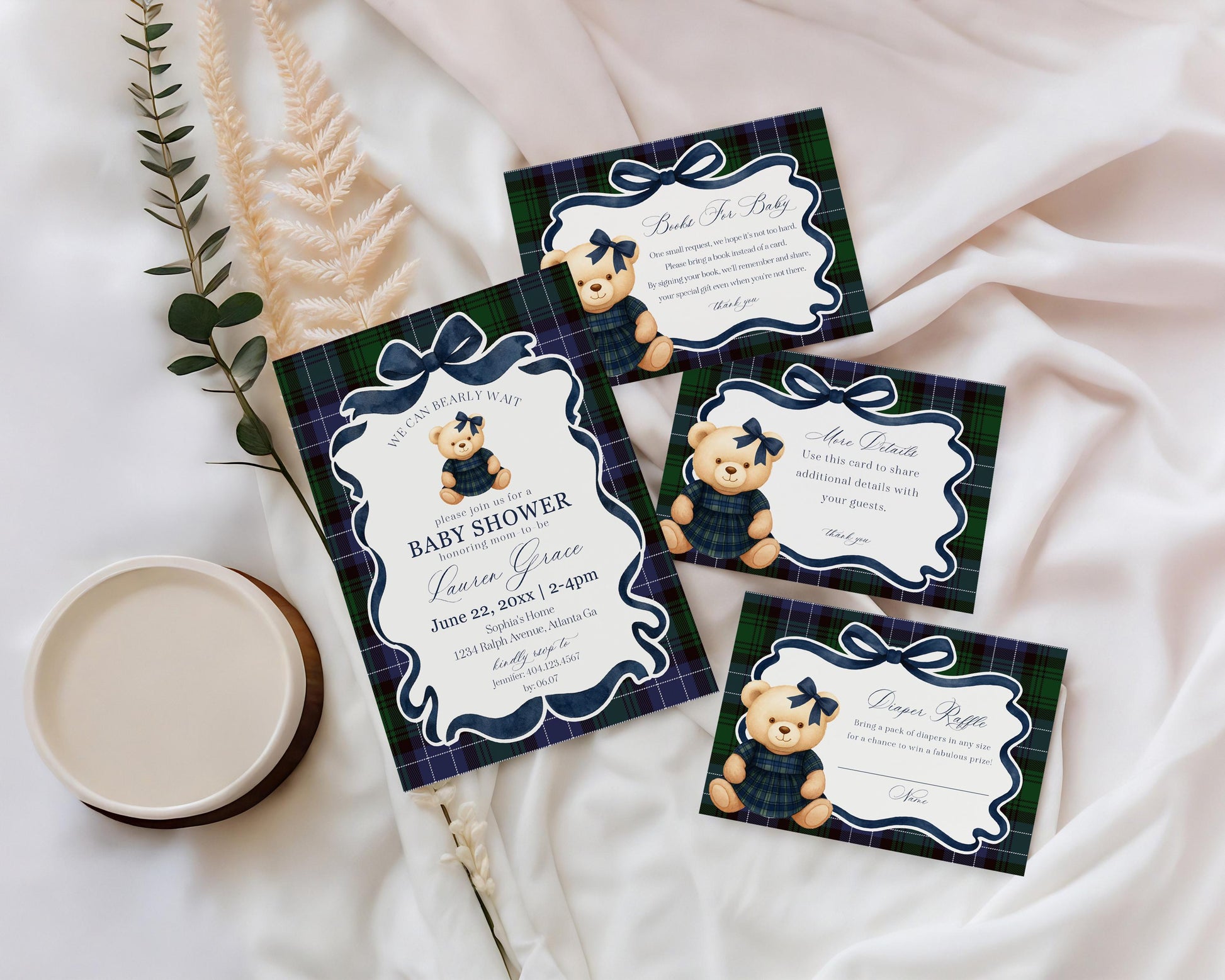 Preppy Bear Girl Baby Shower Bundle Printable Template, We Can Bearly Wait Old Money Baby Sprinkle, Tartan Plaid Coquette Bow Nesting WP1080