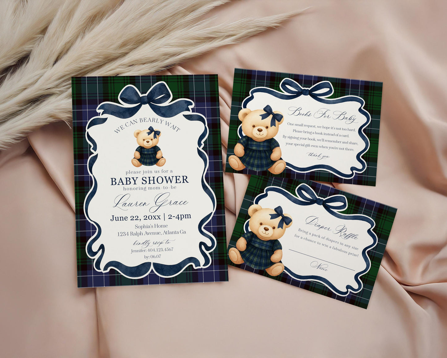 Preppy Bear Girl Baby Shower Bundle Printable Template, We Can Bearly Wait Old Money Baby Sprinkle, Tartan Plaid Coquette Bow Nesting WP1080
