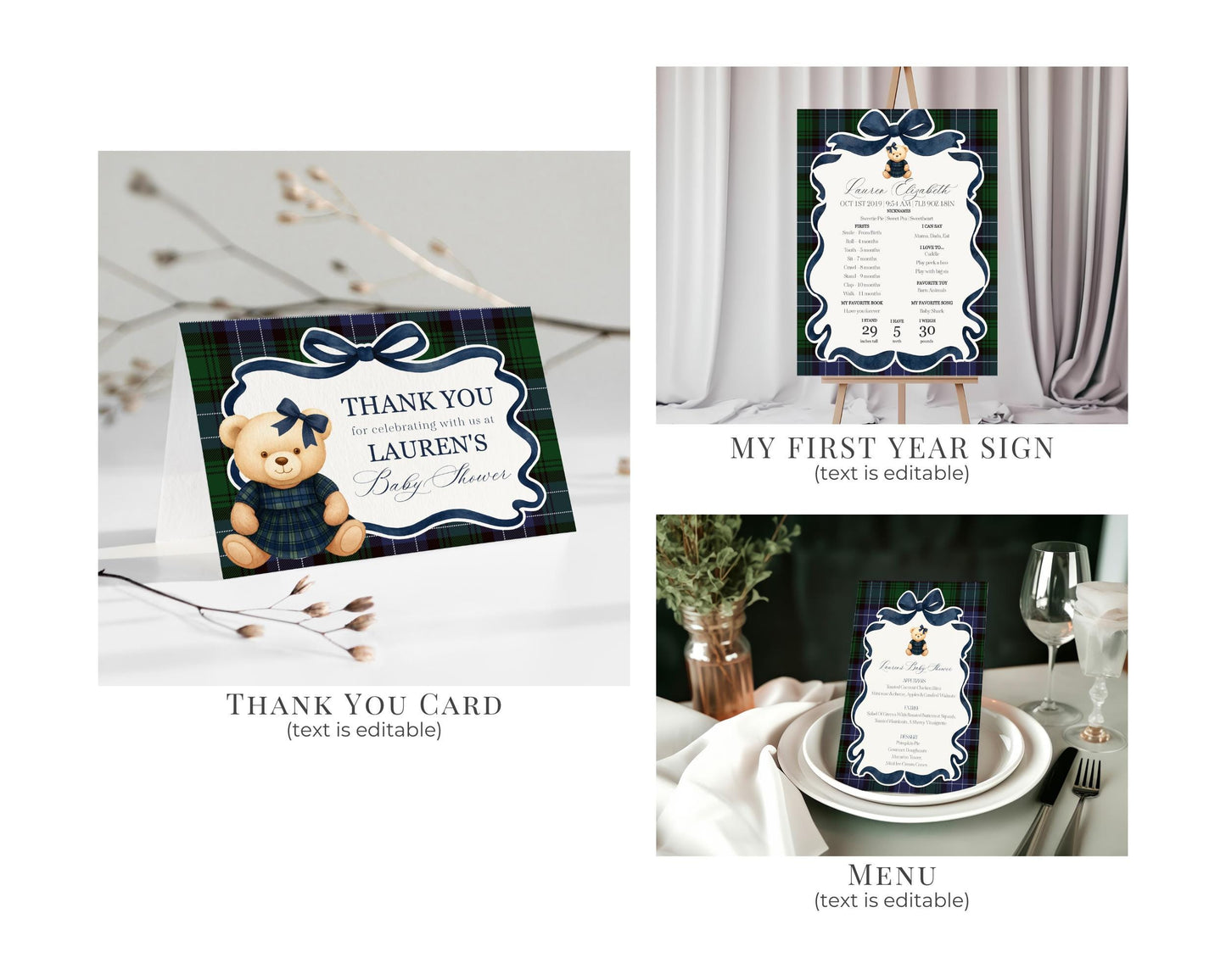 Preppy Bear Girl 1st Birthday Bundle Printable Template, Beary First Birthday Old Money Tartan Plaid Coquette Bow Birthday Party WP1080