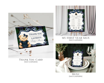 Preppy Bear Girl 1st Birthday Bundle Printable Template, Beary First Birthday Old Money Tartan Plaid Coquette Bow Birthday Party WP1080