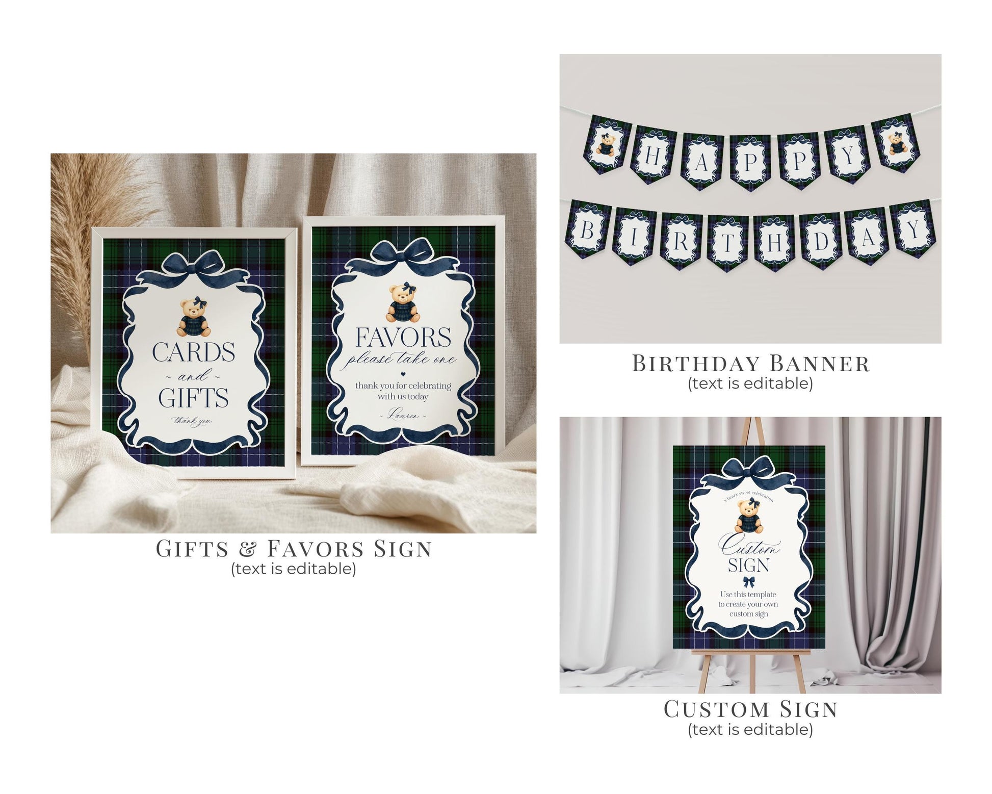 Preppy Bear Girl 1st Birthday Bundle Printable Template, Beary First Birthday Old Money Tartan Plaid Coquette Bow Birthday Party WP1080