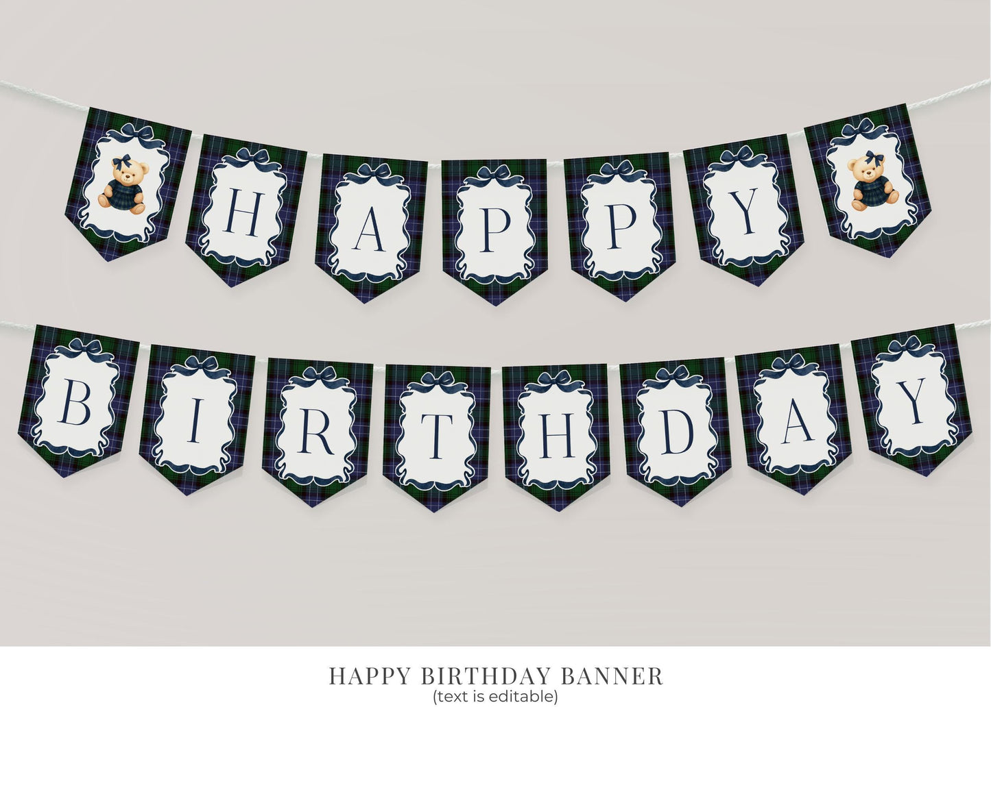 Preppy Bear Girl 1st Birthday Bundle Printable Template, Beary First Birthday Old Money Tartan Plaid Coquette Bow Birthday Party WP1080