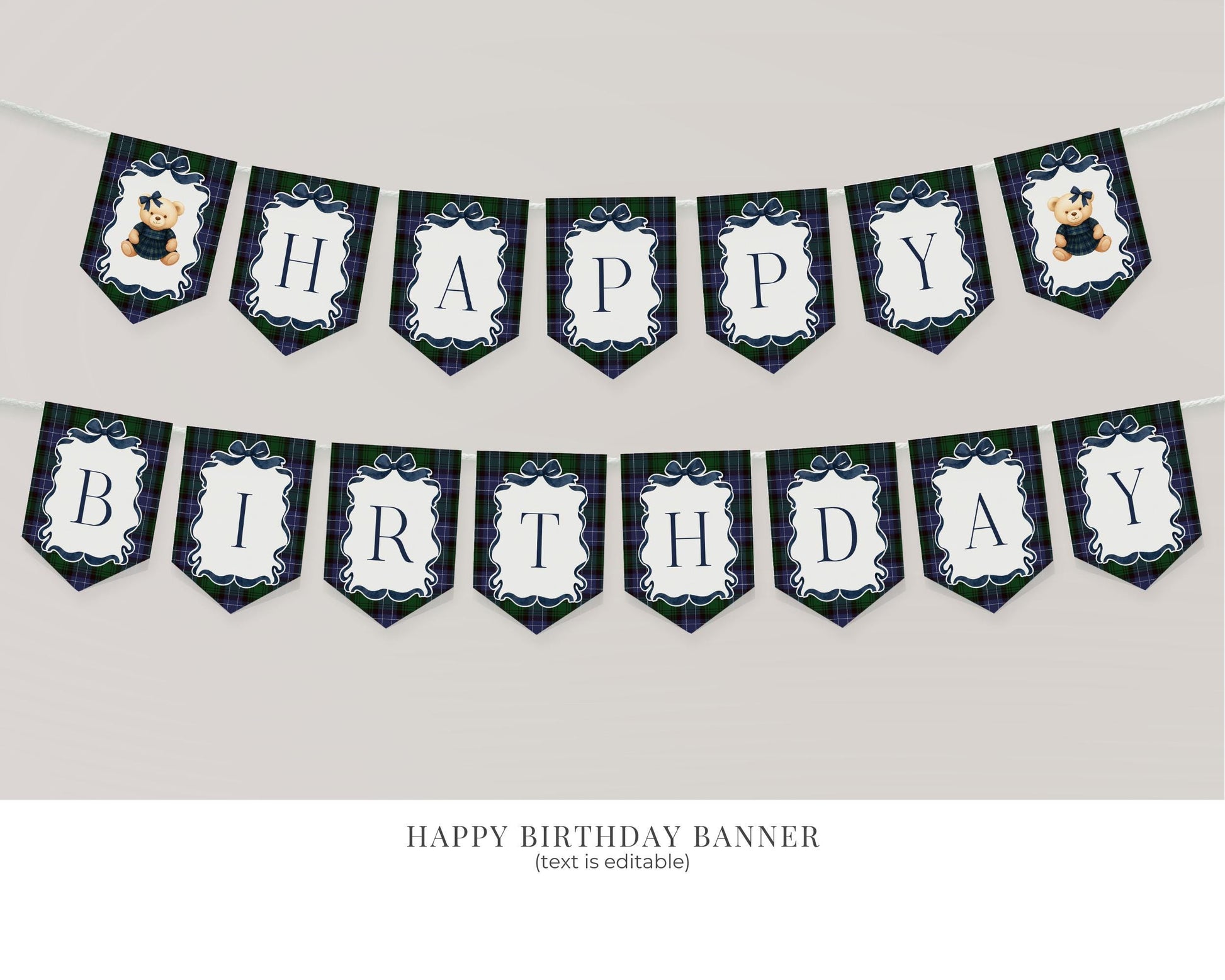 Preppy Bear Girl 1st Birthday Bundle Printable Template, Beary First Birthday Old Money Tartan Plaid Coquette Bow Birthday Party WP1080