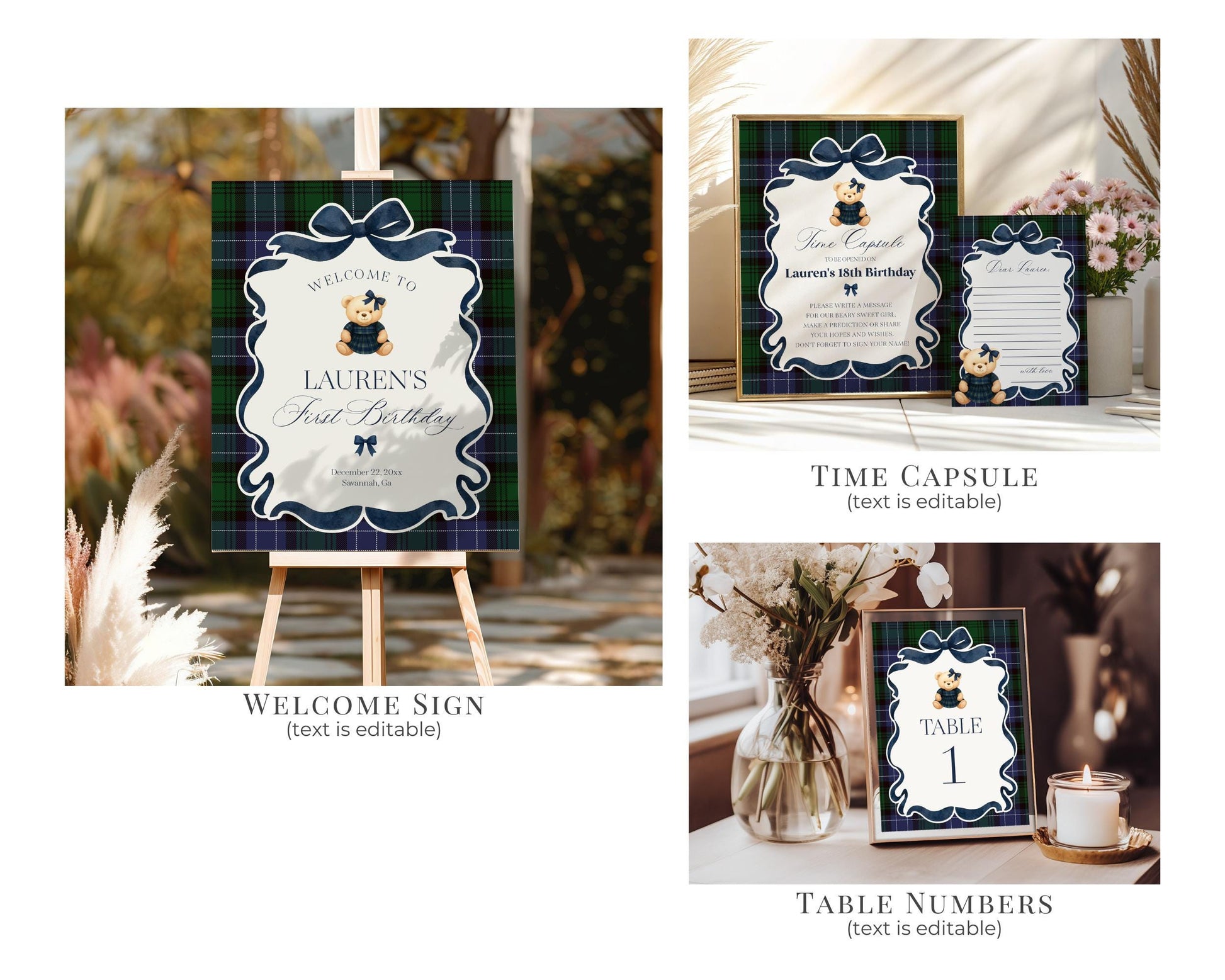 Preppy Bear Girl 1st Birthday Bundle Printable Template, Beary First Birthday Old Money Tartan Plaid Coquette Bow Birthday Party WP1080