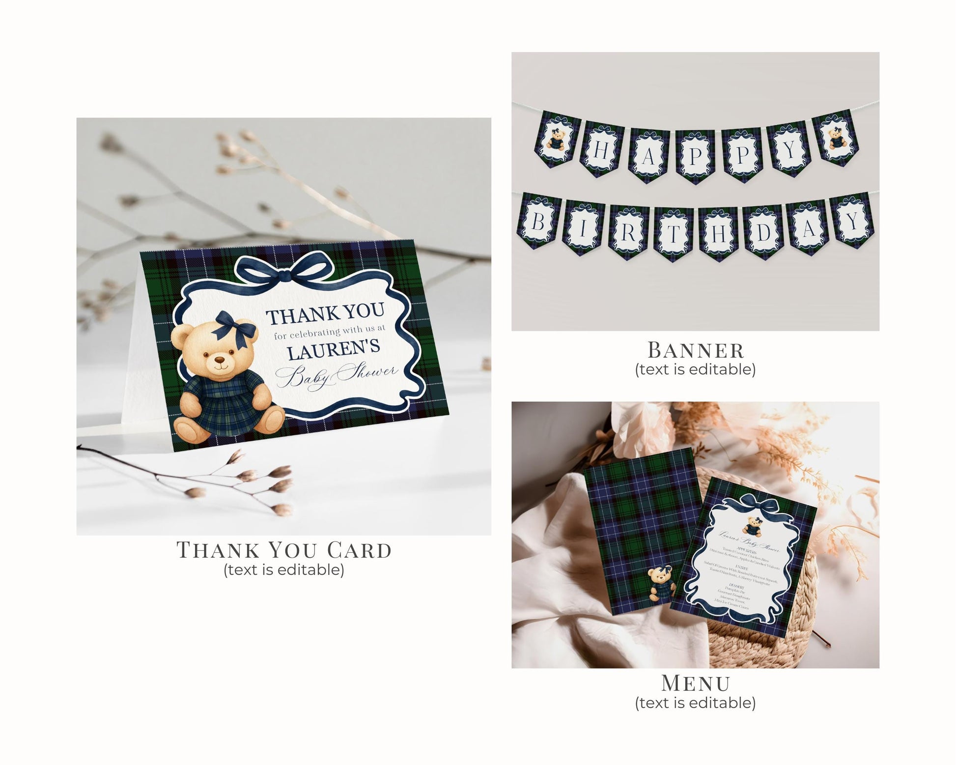 Preppy Bear Girl Birthday Bundle Printable Template, Old Money Teddy Bear Birthday Party, Tartan Plaid Coquette Bow Party WP1080