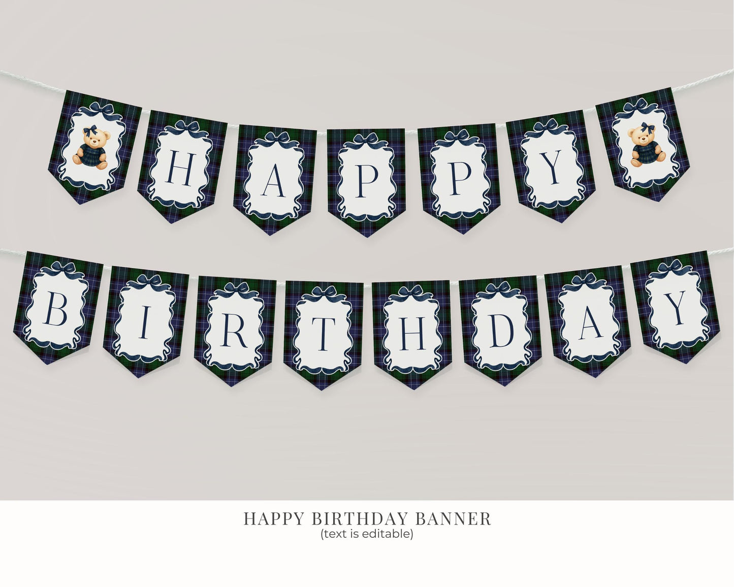 Preppy Bear Girl Birthday Bundle Printable Template, Old Money Teddy Bear Birthday Party, Tartan Plaid Coquette Bow Party WP1080