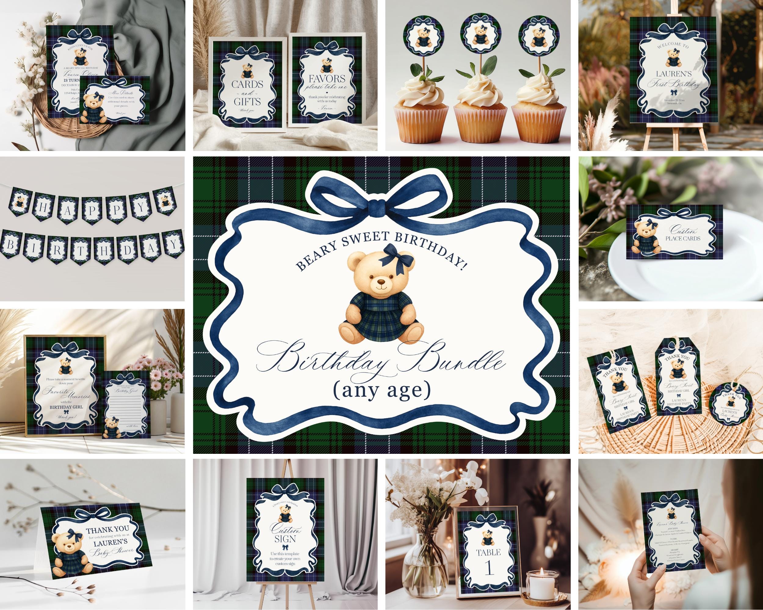 Preppy Bear Girl Birthday Bundle Printable Template, Old Money Teddy Bear Birthday Party, Tartan Plaid Coquette Bow Party WP1080