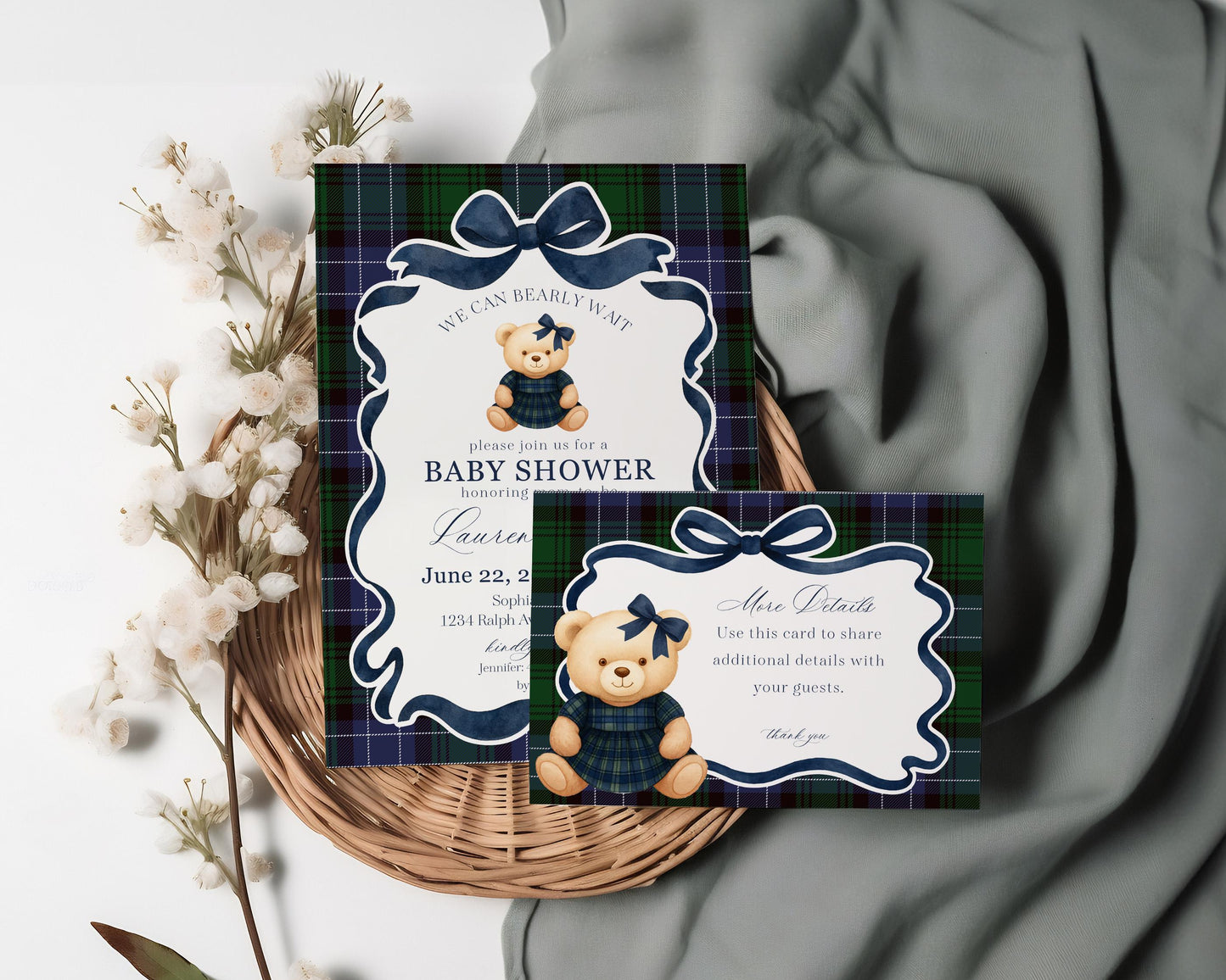 Preppy Bear Girl Baby Shower Invitation Printable Template, We Can Bearly Wait Old Money Baby Sprinkle, Tartan Plaid Coquette Bow WP1080