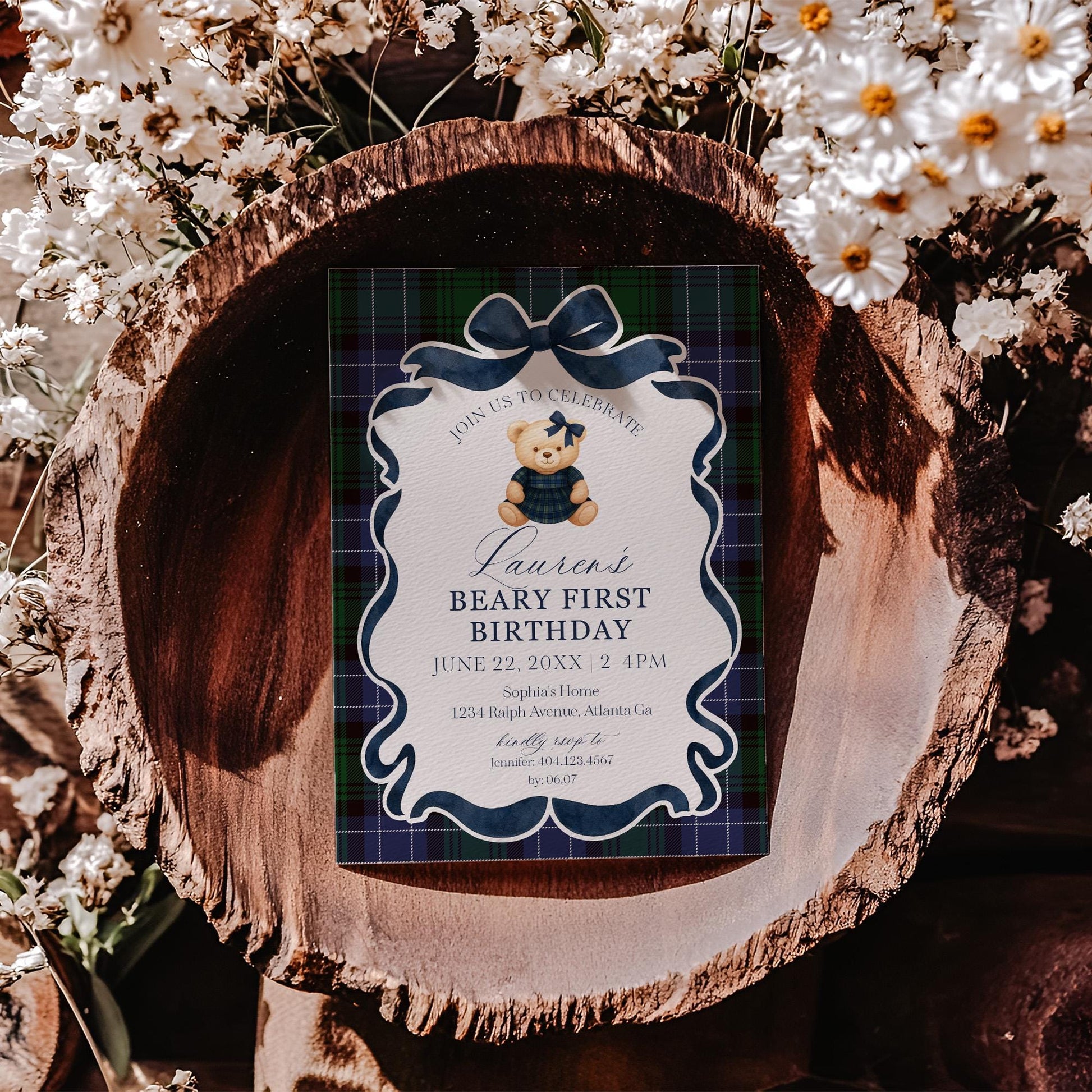 Preppy Bear Girl 1st Birthday Invite Printable Template, Beary First Birthday, Old Money Birthday Party Tartan Plaid Coquette Bow WP1080