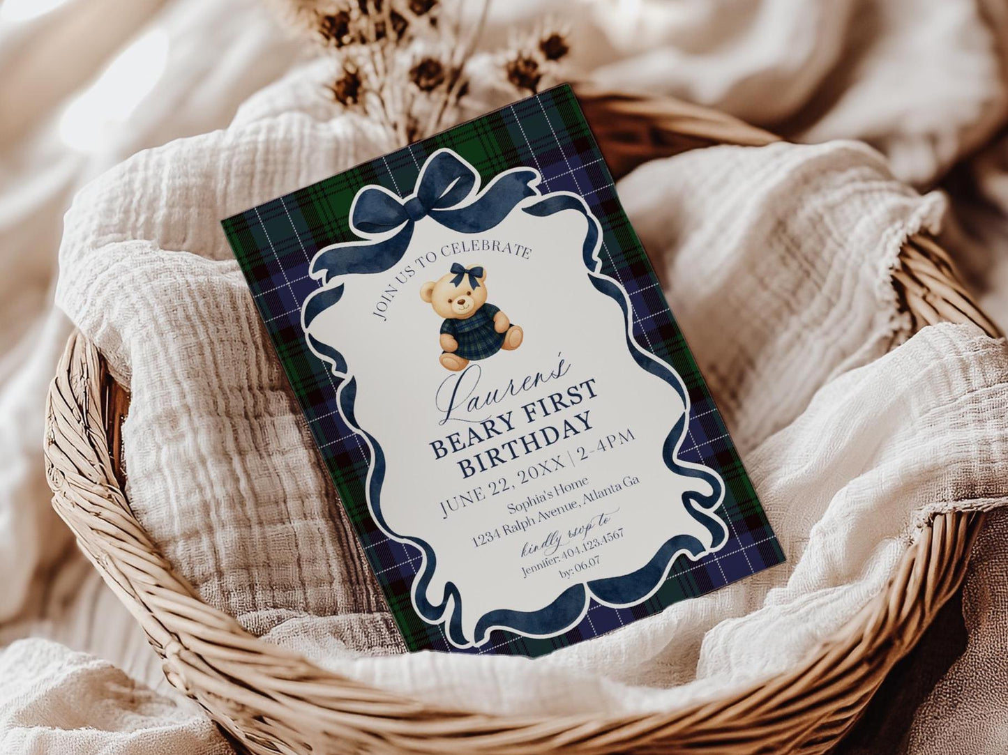 Preppy Bear Girl 1st Birthday Invite Printable Template, Beary First Birthday, Old Money Birthday Party Tartan Plaid Coquette Bow WP1080