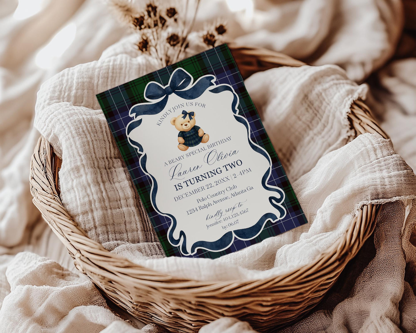 Preppy Bear Girl Birthday Invite Printable Template, Old Money Teddy Bear Birthday Party, Tartan Plaid Coquette Bow Party Decorations WP1080