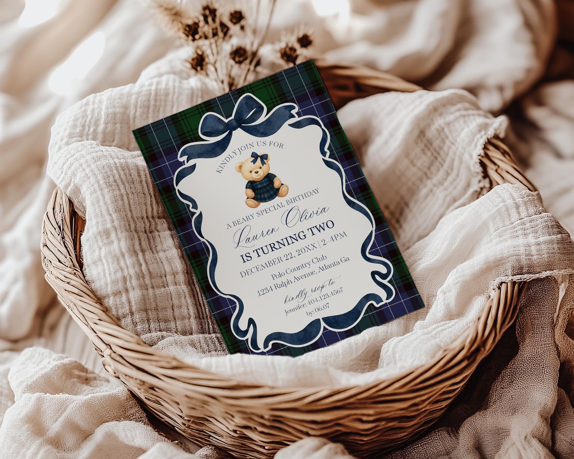 Preppy Bear Girl Birthday Invite Printable Template, Old Money Teddy Bear Birthday Party, Tartan Plaid Coquette Bow Party Decorations WP1080