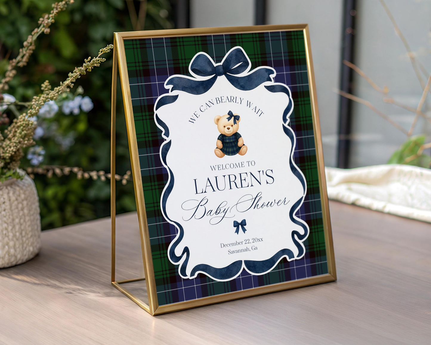 Preppy Bear Girl Baby Shower Welcome Sign Template, We Can Bearly Wait Old Money Baby Sprinkle, Tartan Plaid Coquette Bow Nesting WP1080