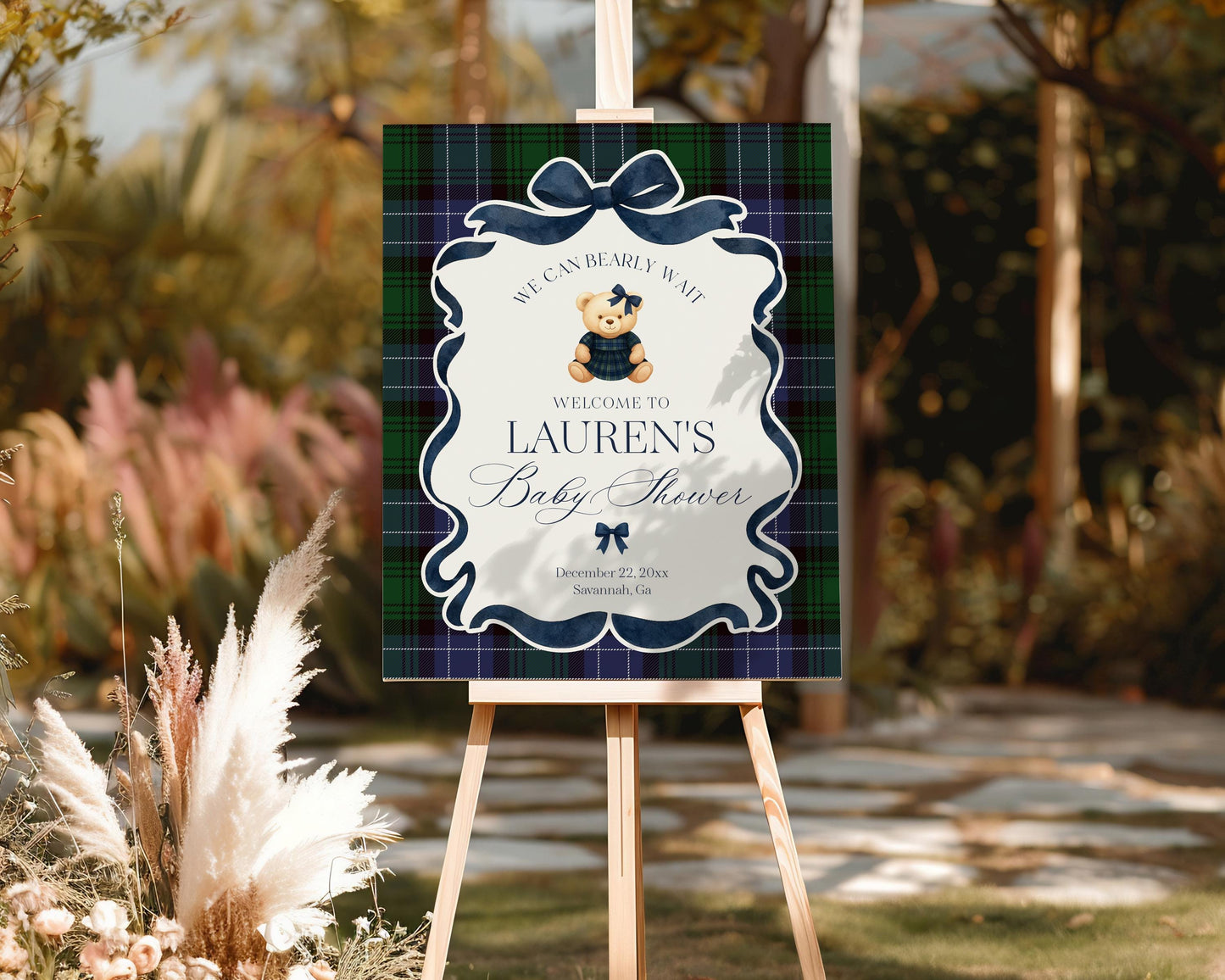 Preppy Bear Girl Baby Shower Welcome Sign Template, We Can Bearly Wait Old Money Baby Sprinkle, Tartan Plaid Coquette Bow Nesting WP1080