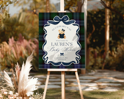Preppy Bear Girl Baby Shower Welcome Sign Template, We Can Bearly Wait Old Money Baby Sprinkle, Tartan Plaid Coquette Bow Nesting WP1080