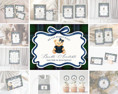 Preppy Bear Girl Custom Sign Template, We Can Bearly Wait Old Money Baby Shower, Beary First Birthday Tartan Plaid Coquette Bow Party WP1080