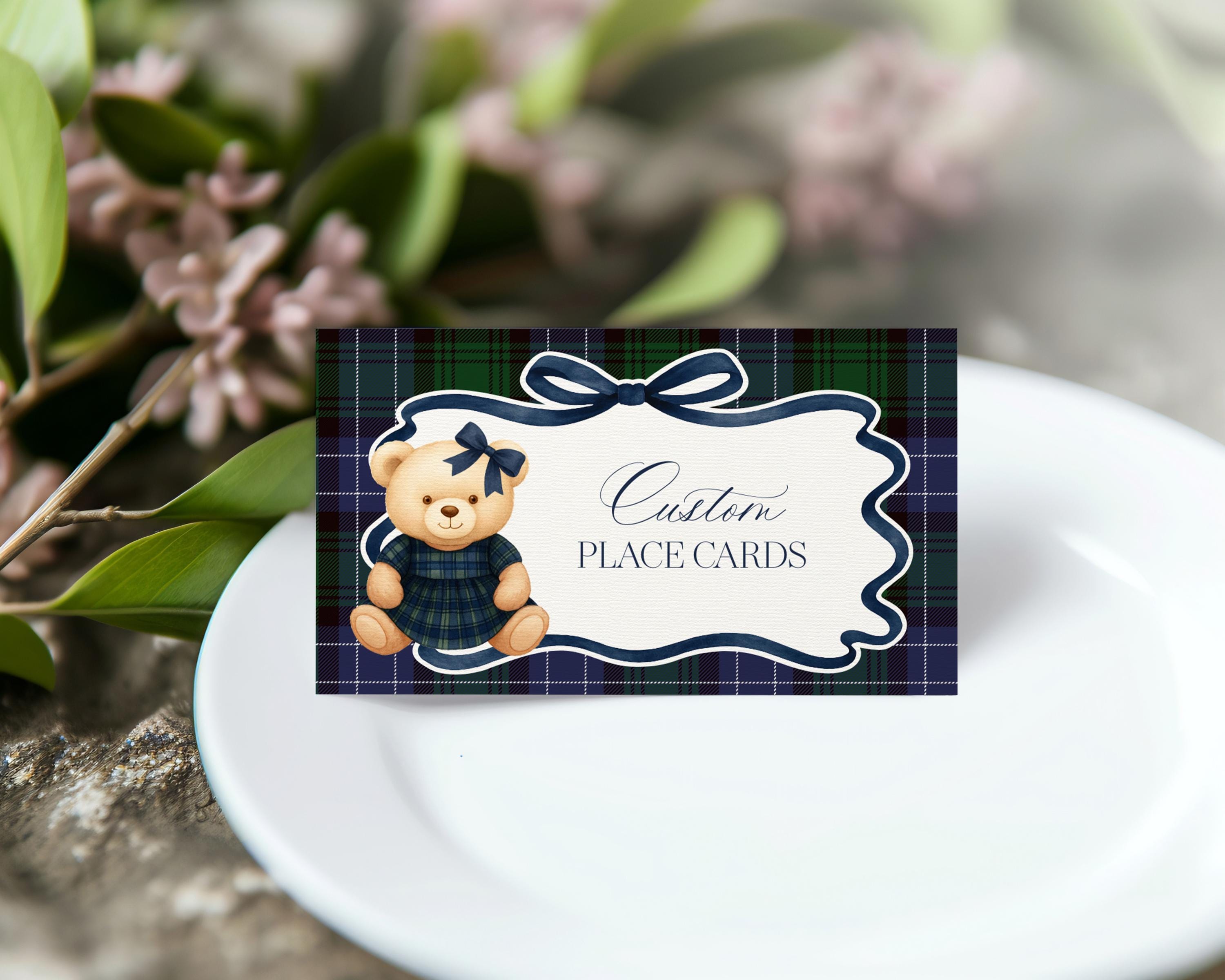 Preppy Girl Bear Place Cards Template, We Can Bearly Wait Old Money Baby Shower, Beary First Birthday Tartan Plaid Coquette Bow Party WP1080