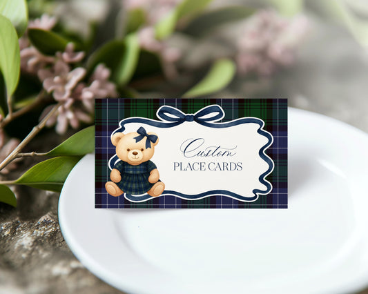 Preppy Girl Bear Place Cards Template, We Can Bearly Wait Old Money Baby Shower, Beary First Birthday Tartan Plaid Coquette Bow Party WP1080