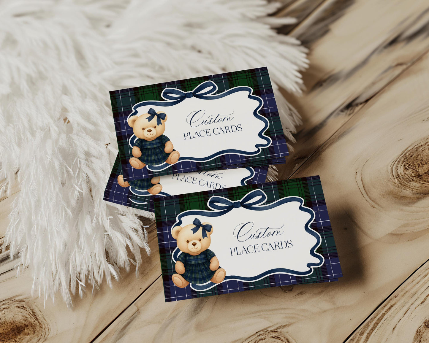 Preppy Girl Bear Place Cards Template, We Can Bearly Wait Old Money Baby Shower, Beary First Birthday Tartan Plaid Coquette Bow Party WP1080