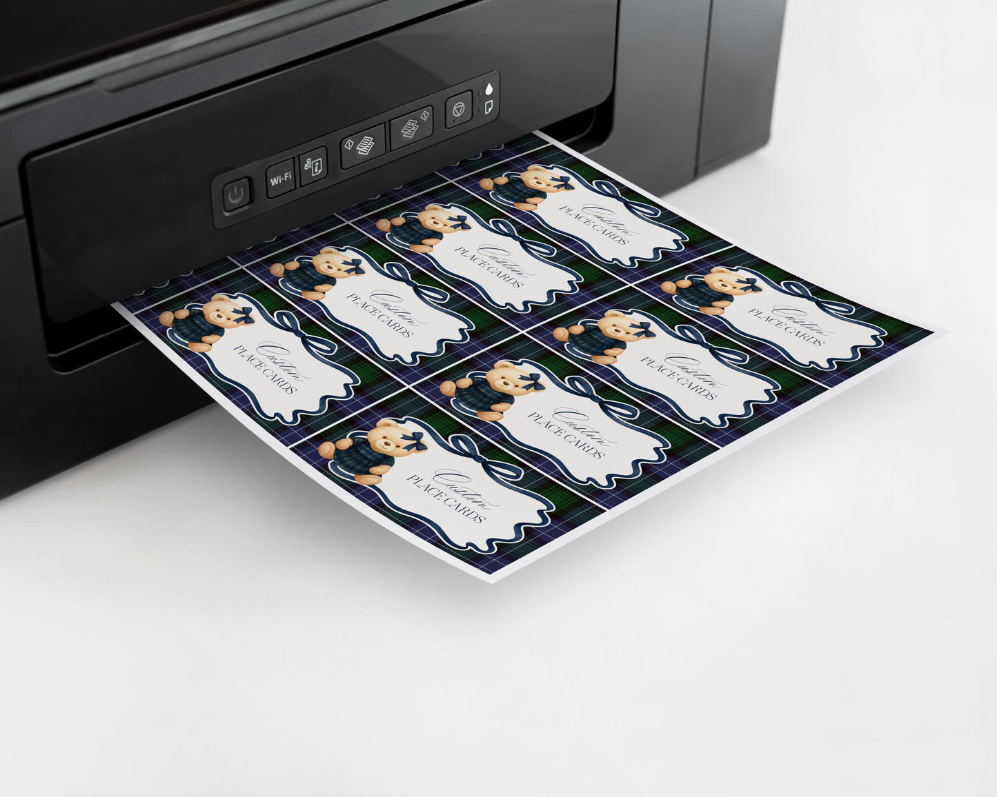 Preppy Girl Bear Place Cards Template, We Can Bearly Wait Old Money Baby Shower, Beary First Birthday Tartan Plaid Coquette Bow Party WP1080