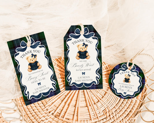 Preppy Bear Girl Baby Shower Favor Tags Template, We Can Bearly Wait Old Money Baby Sprinkle, Tartan Plaid Coquette Bow Nesting Party WP1080