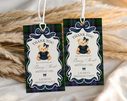 Preppy Bear Girl Birthday Party Favor Tags Template, Beary First Birthday Old Money Teddy Bear Party, Tartan Plaid Coquette Bow WP1080