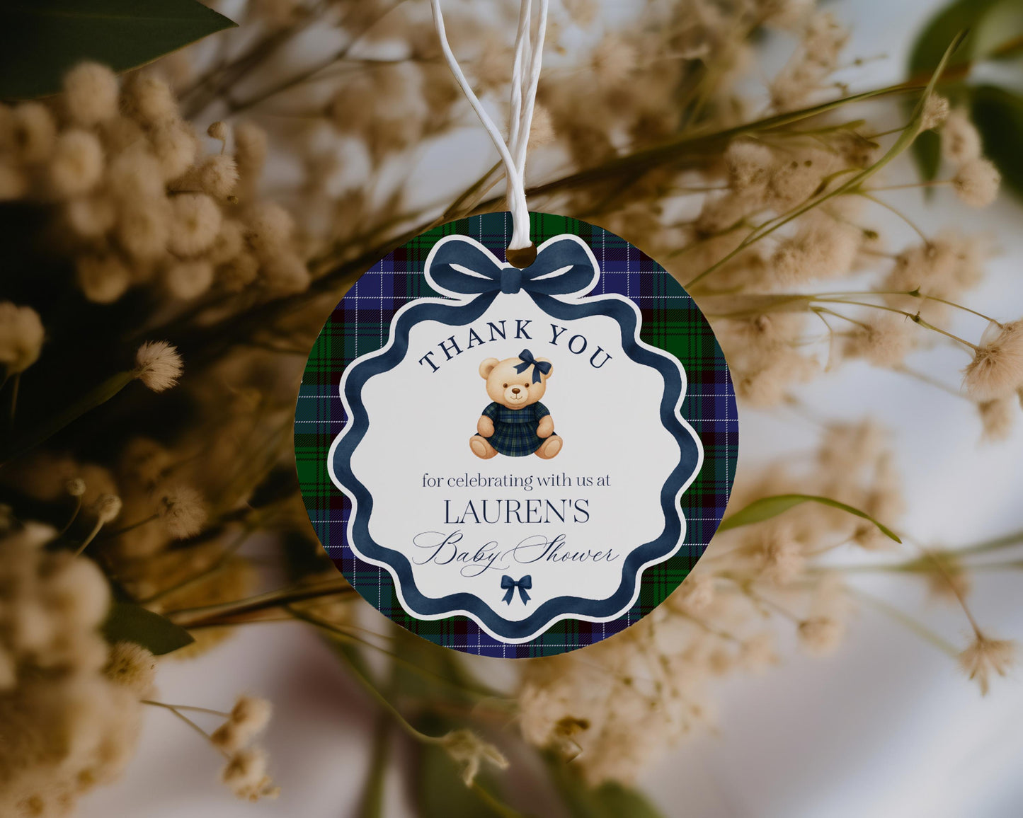 Preppy Bear Girl Birthday Party Favor Tags Template, Beary First Birthday Old Money Teddy Bear Party, Tartan Plaid Coquette Bow WP1080