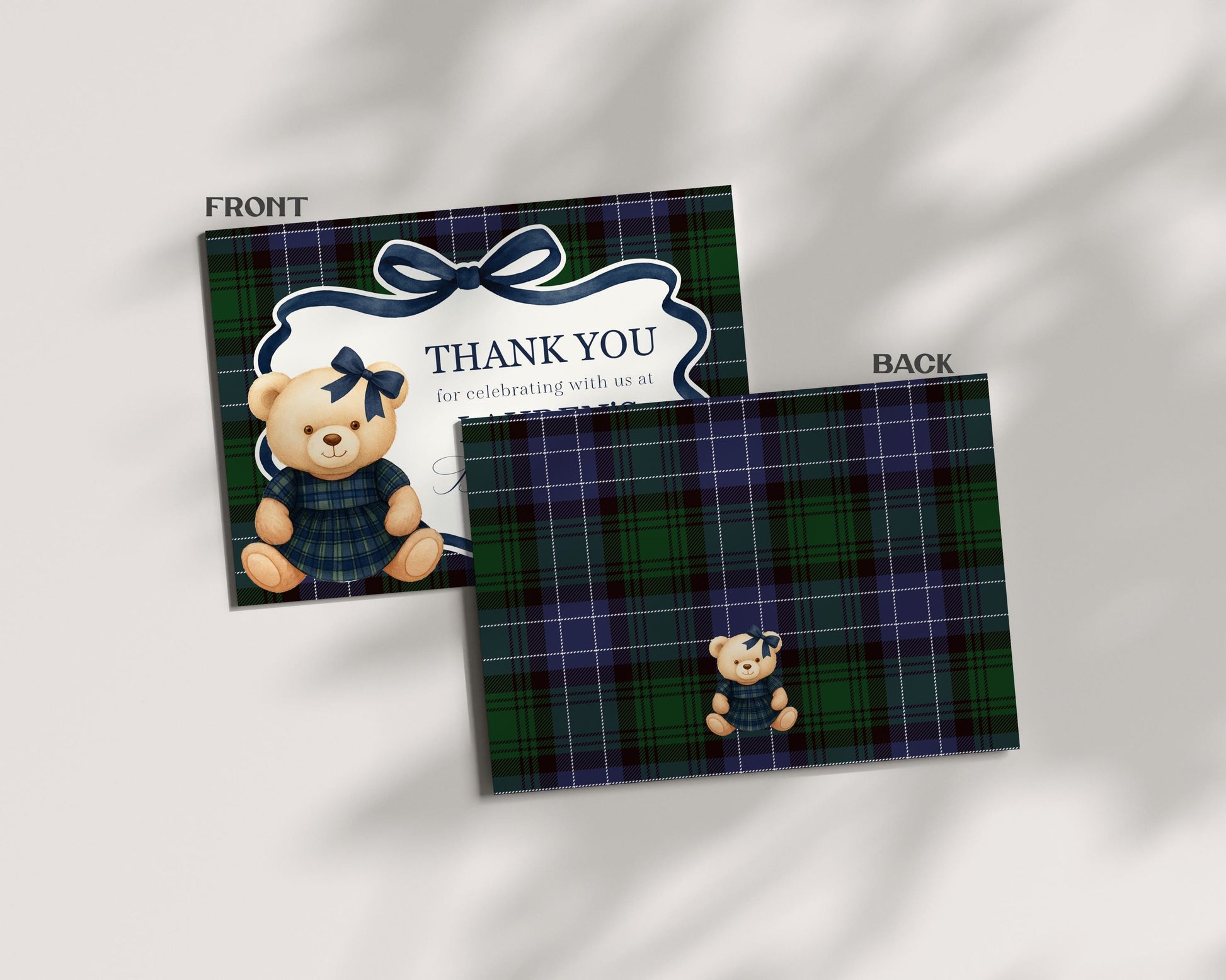 Preppy Girl Bear Thank You Card Template, We Can Bearly Wait Old Money Baby Shower, Beary First Birthday Tartan Plaid Coquette Bow WP1080
