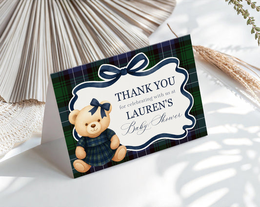 Preppy Girl Bear Thank You Card Template, We Can Bearly Wait Old Money Baby Shower, Beary First Birthday Tartan Plaid Coquette Bow WP1080