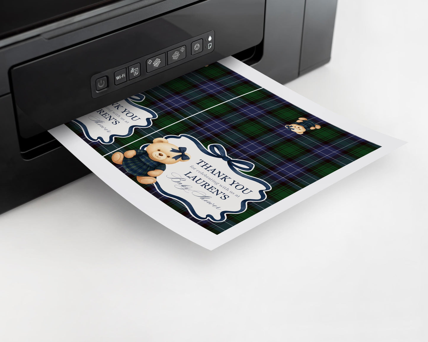 Preppy Girl Bear Thank You Card Template, We Can Bearly Wait Old Money Baby Shower, Beary First Birthday Tartan Plaid Coquette Bow WP1080
