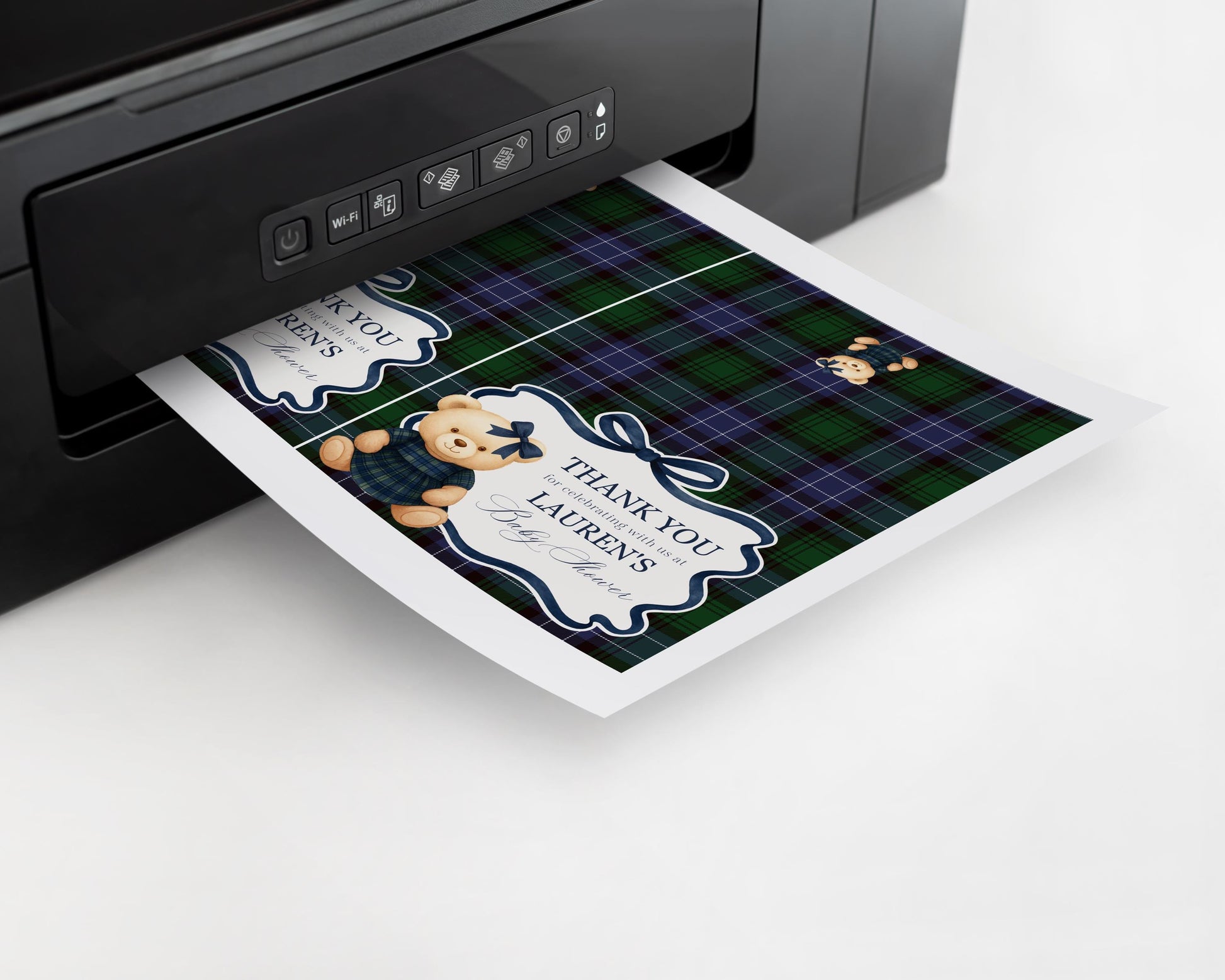 Preppy Girl Bear Thank You Card Template, We Can Bearly Wait Old Money Baby Shower, Beary First Birthday Tartan Plaid Coquette Bow WP1080