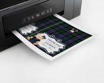 Preppy Girl Bear Thank You Card Template, We Can Bearly Wait Old Money Baby Shower, Beary First Birthday Tartan Plaid Coquette Bow WP1080