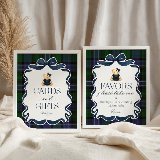 Preppy Girl Bear Cards & Gifts and Favors Sign Template, We Can Bearly Wait Baby Shower, Beary 1st Birthday Tartan Plaid Coquette Bow WP1080