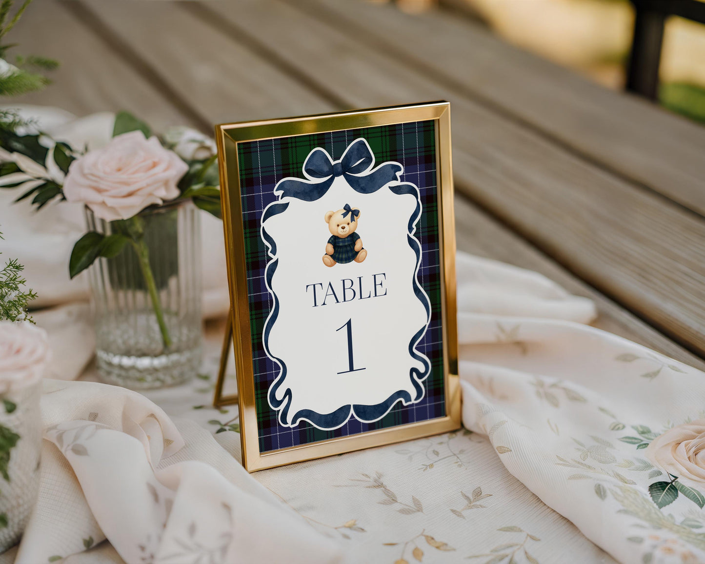 Preppy Girl Bear Table Number Cards Template, We Can Bearly Wait Old Money Baby Shower, Beary 1st Birthday Tartan Plaid Coquette Bow WP1080