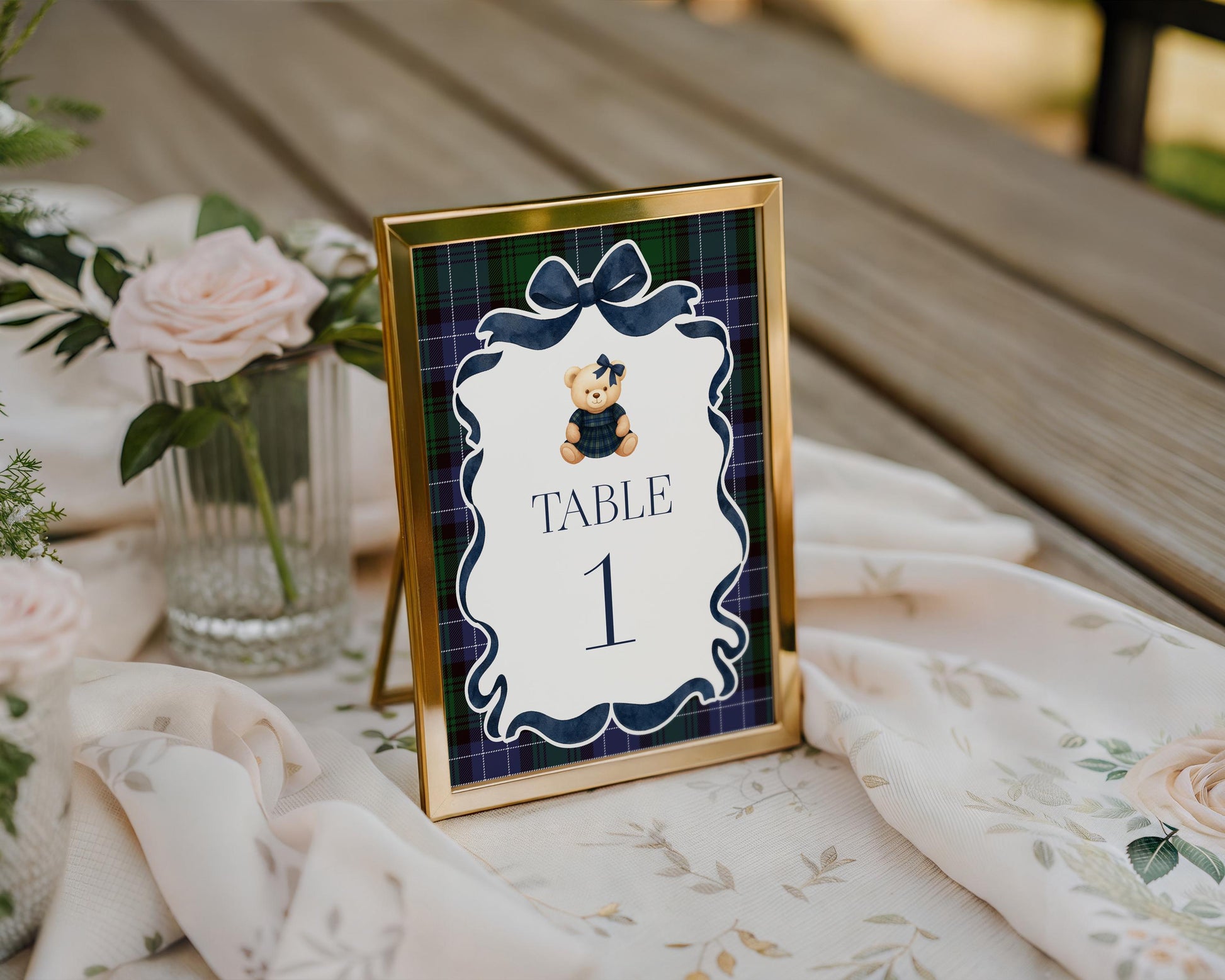 Preppy Girl Bear Table Number Cards Template, We Can Bearly Wait Old Money Baby Shower, Beary 1st Birthday Tartan Plaid Coquette Bow WP1080