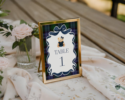 Preppy Girl Bear Table Number Cards Template, We Can Bearly Wait Old Money Baby Shower, Beary 1st Birthday Tartan Plaid Coquette Bow WP1080