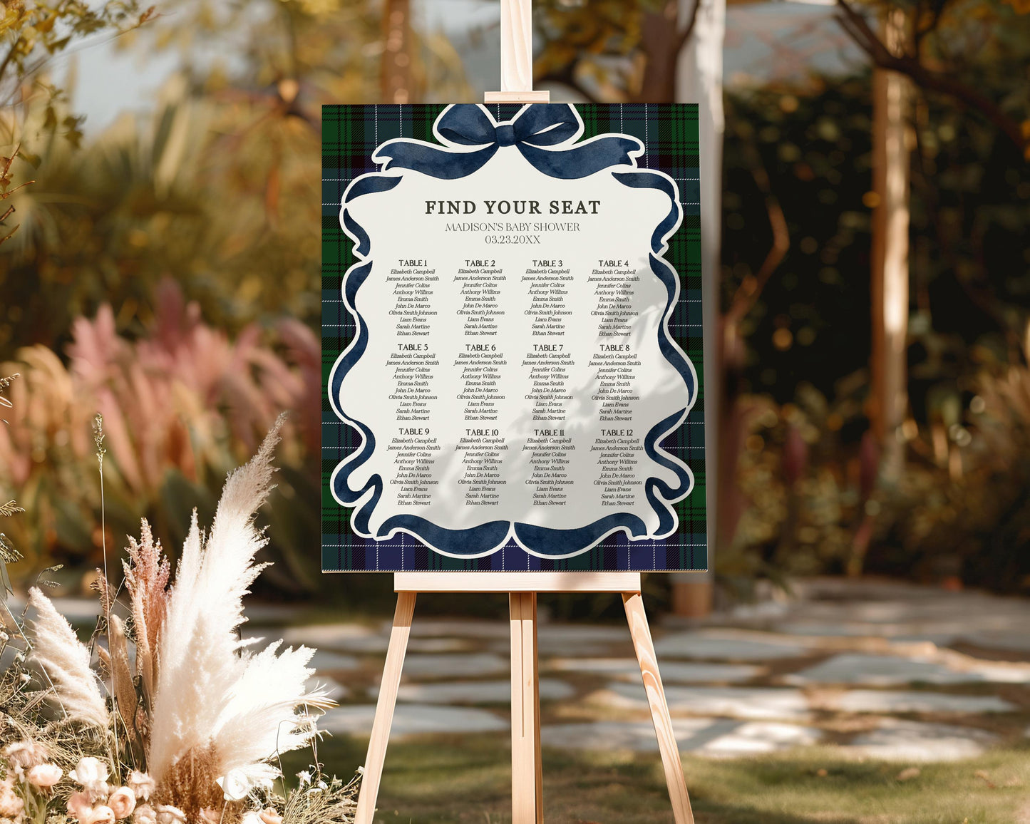 Preppy Girl Bear Seating Chart Cards Template, We Can Bearly Wait Old Money Baby Shower, Beary 1st Birthday Plaid Coquette Bow WP1080