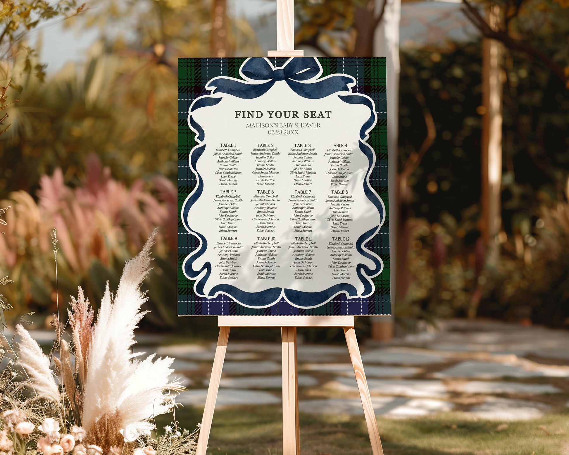 Preppy Girl Bear Seating Chart Cards Template, We Can Bearly Wait Old Money Baby Shower, Beary 1st Birthday Plaid Coquette Bow WP1080