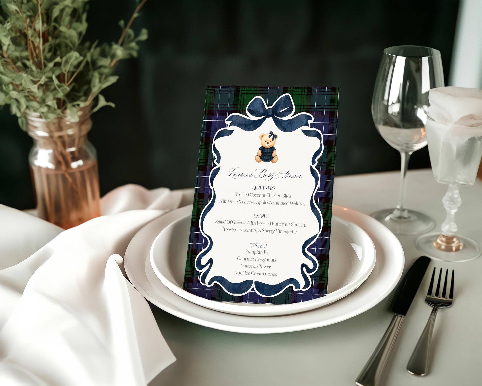 Preppy Girl Bear Menu Template, We Can Bearly Wait Old Money Baby Shower, Beary First Birthday Tartan Plaid Coquette Bow Party WP1080