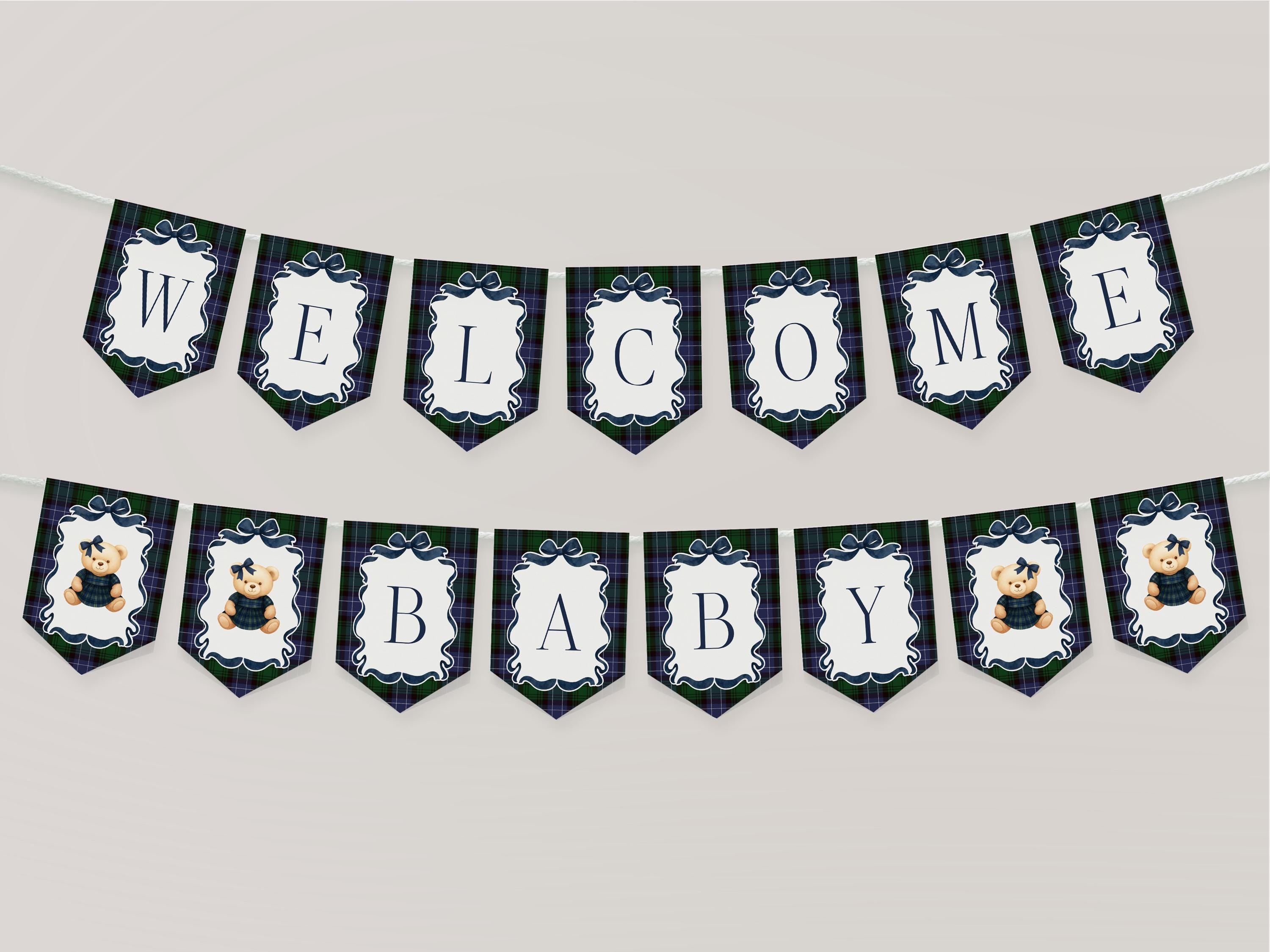 Preppy Bear Girl Baby Shower Banner Template, We Can Bearly Wait Old Money Baby Sprinkle, Tartan Plaid Coquette Bow Nesting Party WP1080