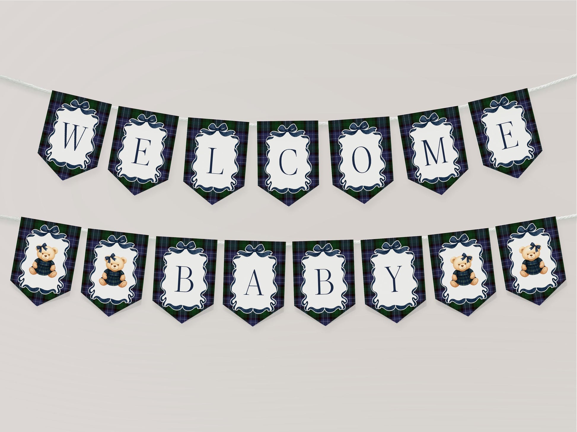 Preppy Bear Girl Baby Shower Banner Template, We Can Bearly Wait Old Money Baby Sprinkle, Tartan Plaid Coquette Bow Nesting Party WP1080