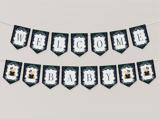 Preppy Bear Girl Baby Shower Banner Template, We Can Bearly Wait Old Money Baby Sprinkle, Tartan Plaid Coquette Bow Nesting Party WP1080