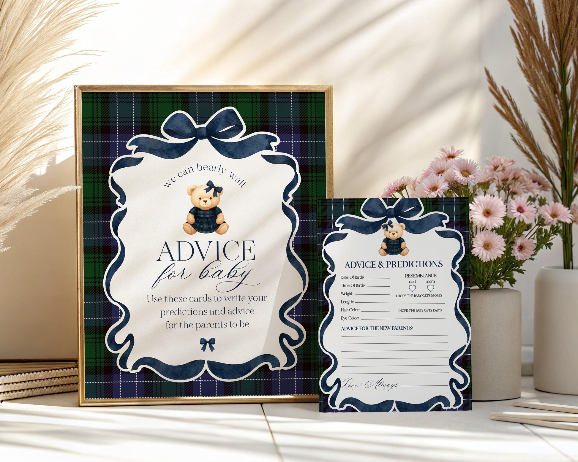 Preppy Girl Bear Advice for Baby Cards Template, We Can Bearly Wait Old Money Baby Sprinkle, Tartan Plaid Coquette Bow Nesting Party WP1080