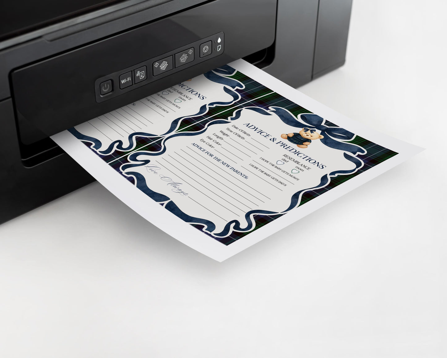 Preppy Girl Bear Advice for Baby Cards Template, We Can Bearly Wait Old Money Baby Sprinkle, Tartan Plaid Coquette Bow Nesting Party WP1080