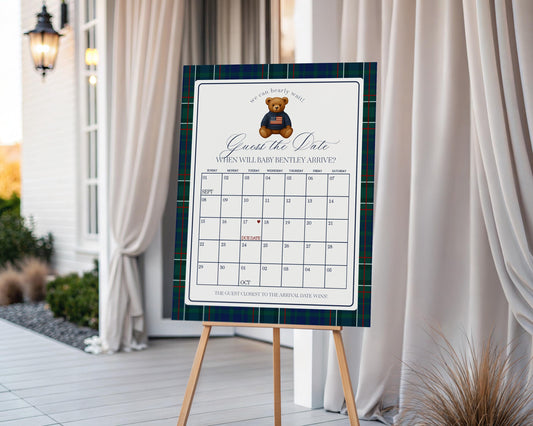 Preppy Bear Baby Shower Guess the Date Game Template, We Can Bearly Wait Old Money Baby Sprinkle, Tartan Plaid Nesting Party WP1079