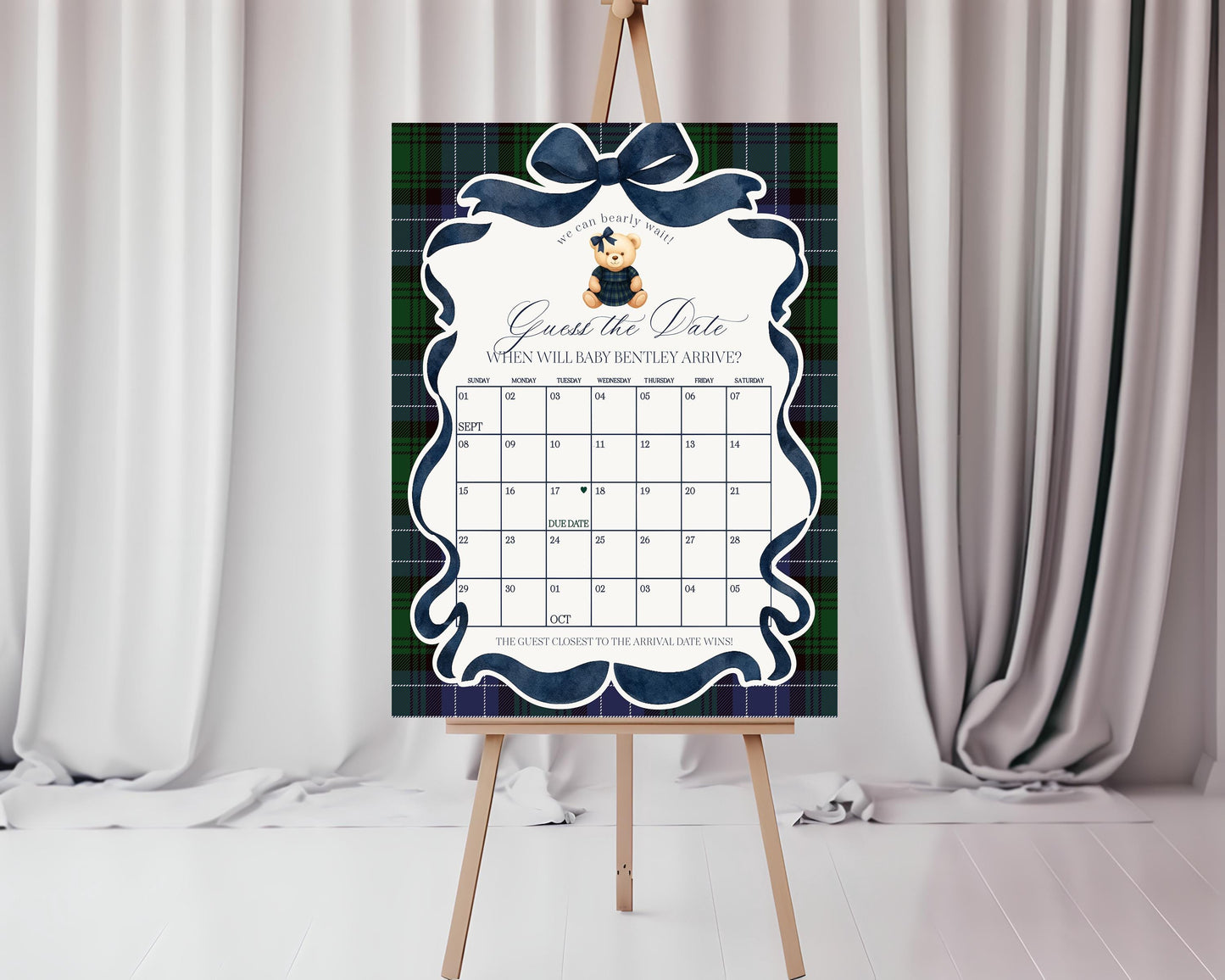 Preppy Bear Girl Baby Shower Guess the Date Game Template, We Can Bearly Wait Old Money Baby Sprinkle, Tartan Plaid Coquette Bow WP1080