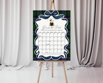 Preppy Bear Girl Baby Shower Guess the Date Game Template, We Can Bearly Wait Old Money Baby Sprinkle, Tartan Plaid Coquette Bow WP1080